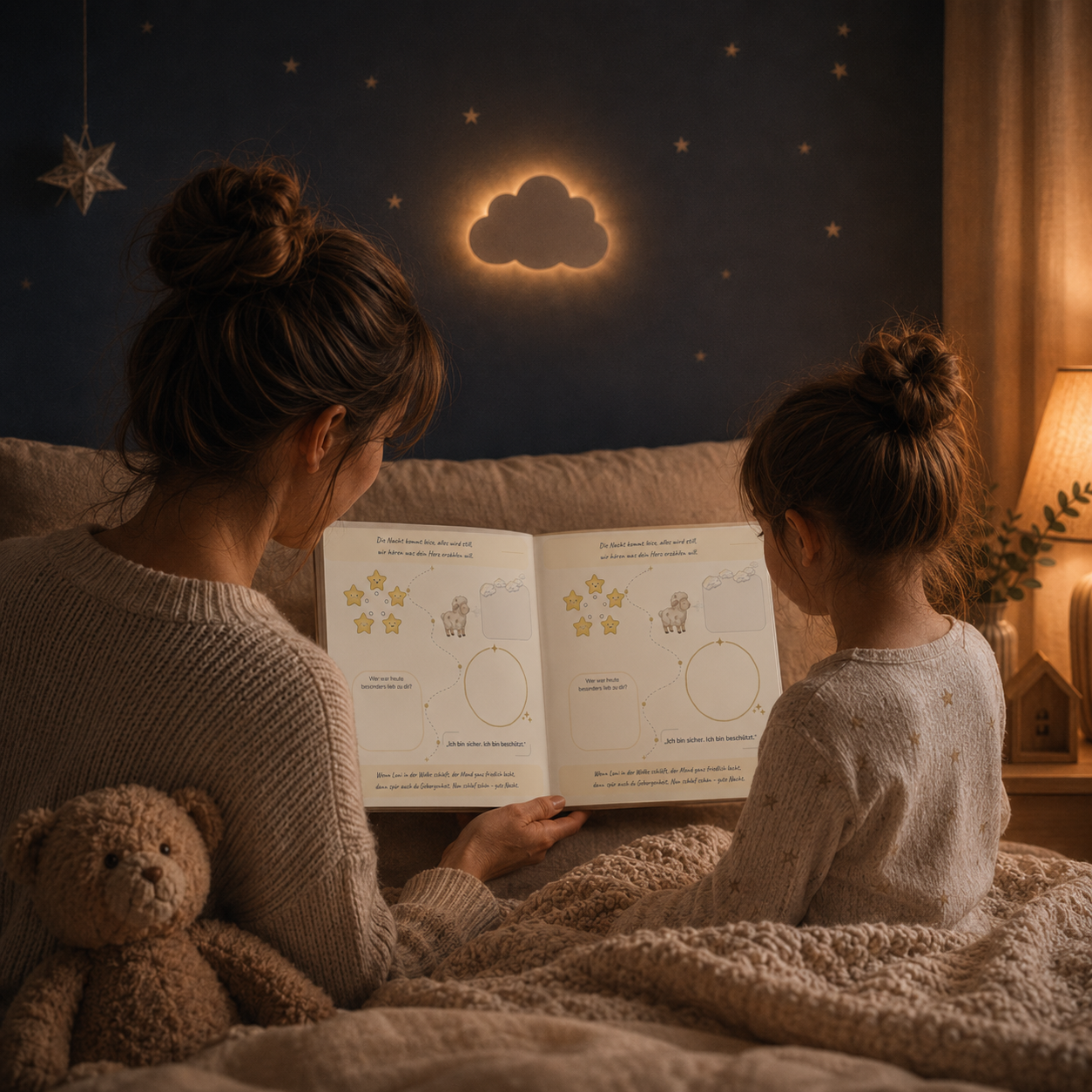 Gemeinsame ruhige Abendzeit zwischen Elternteil und Kind